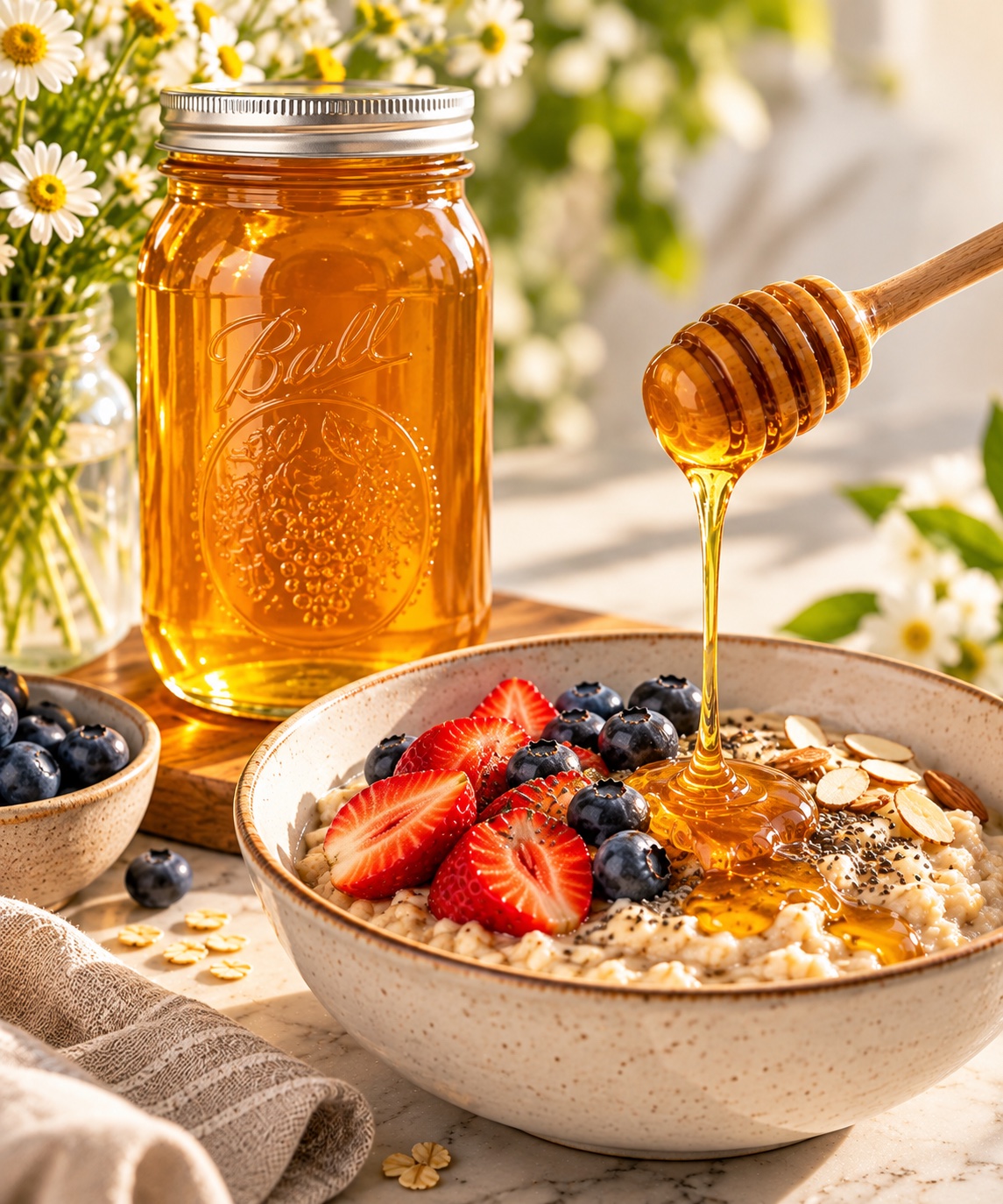 Honey drizzled over oatmeal and fruit