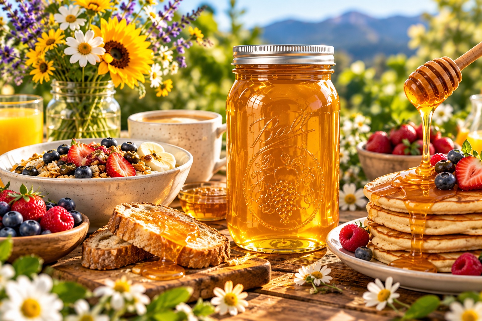 Honey with pancakes, fruit, oatmeal, and toast