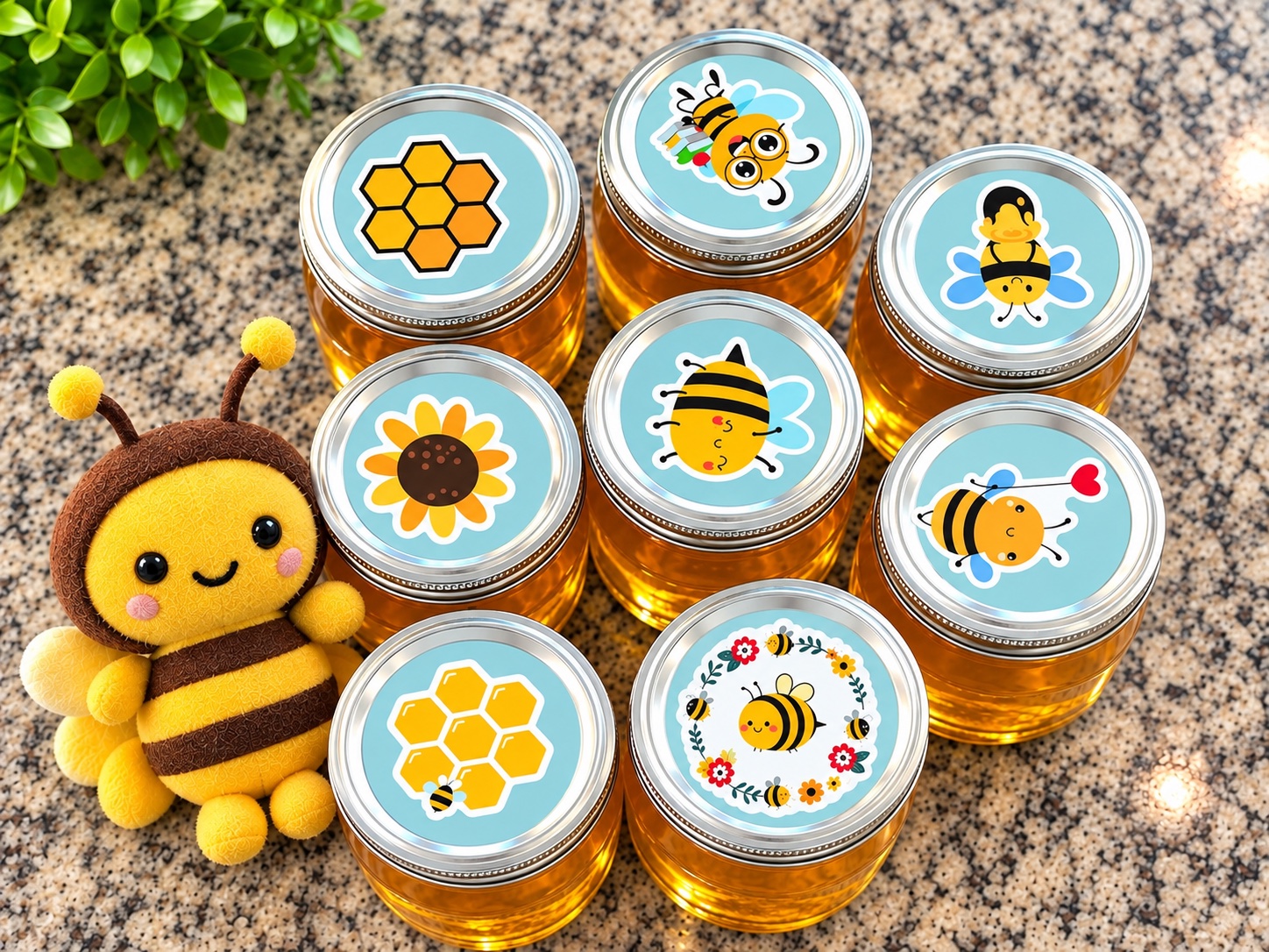 Honey jars with cheerful bee-themed lids