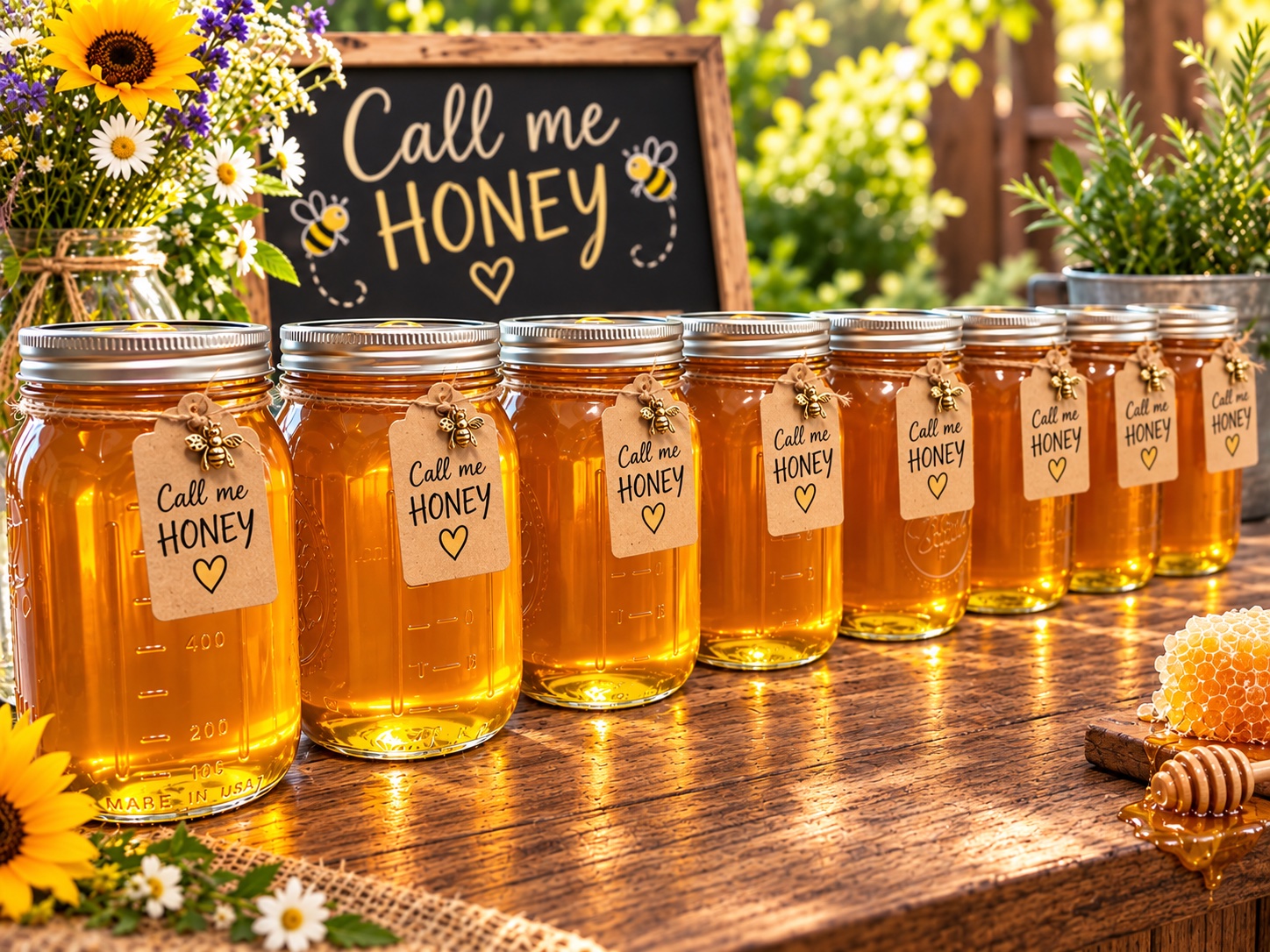 Rows of raw honey jars at a flower-filled table