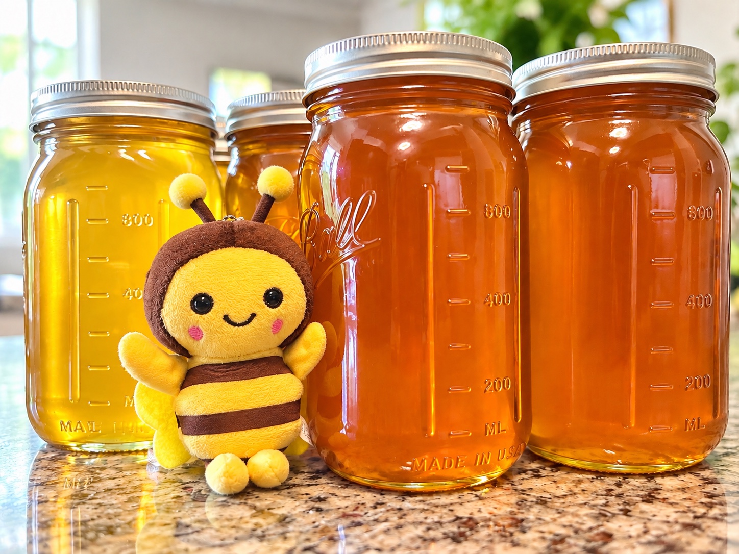 Family-sized raw honey jars with a cheerful bee