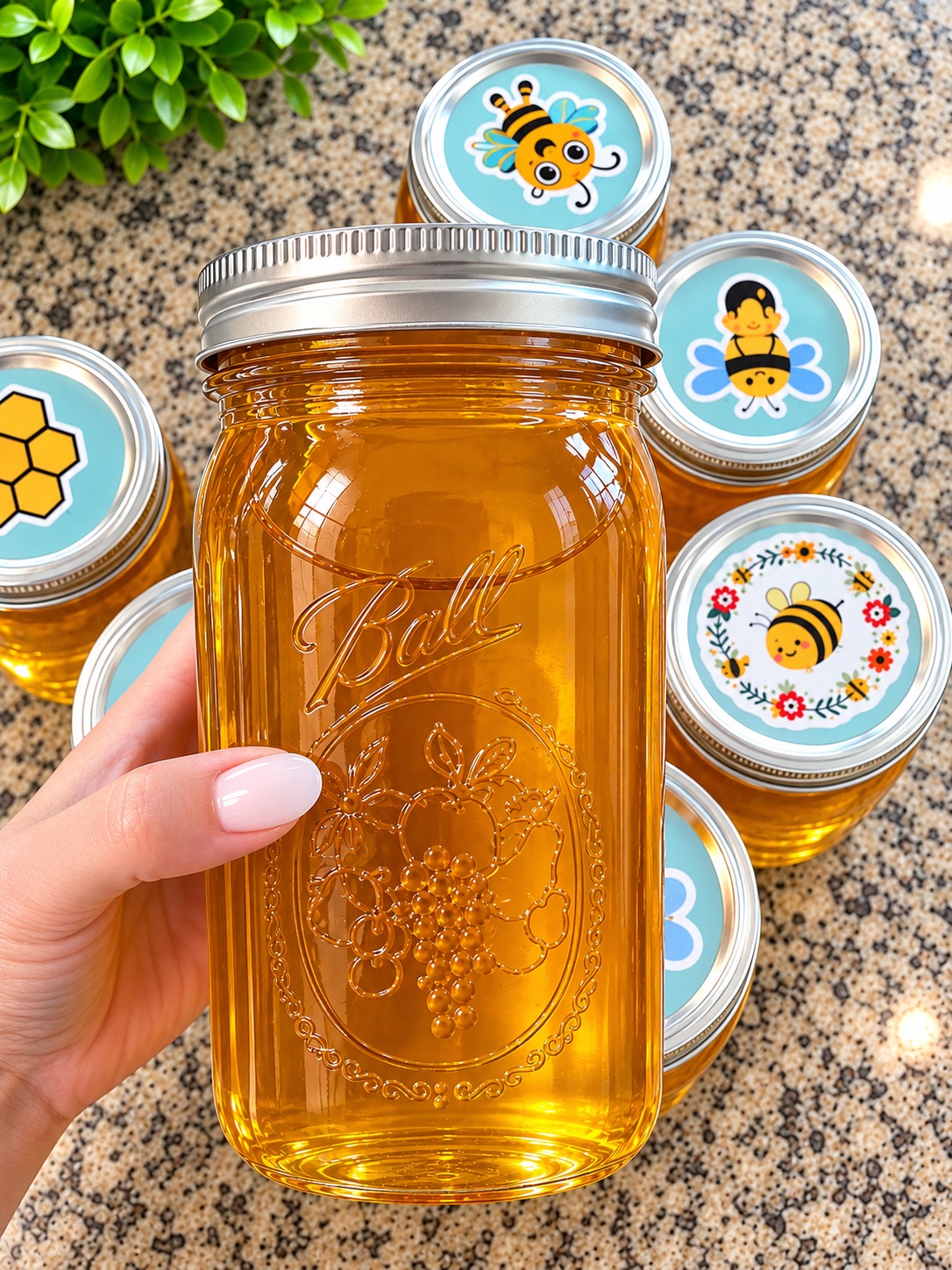 Raw honey mason jar with cheerful bee lid details